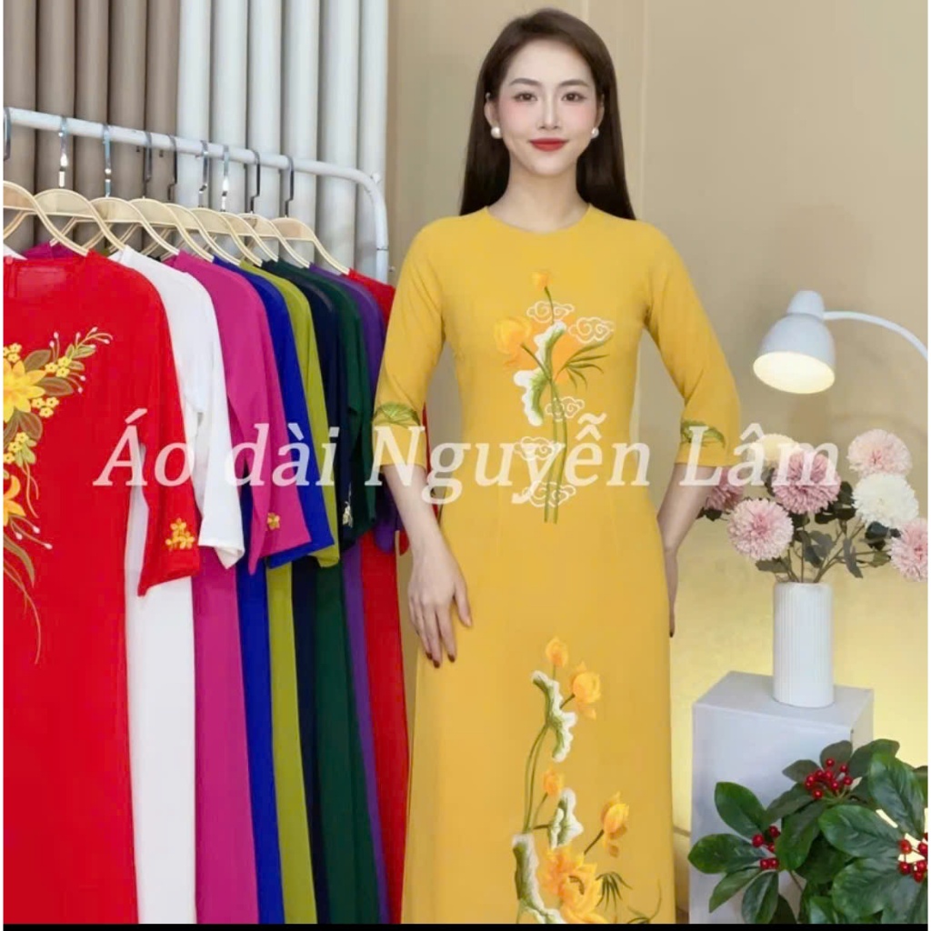 [GIẢM 40K] BST Áo Dài Vàng Lụa Thêu Cao Cấp [ Co Giãn Nhẹ, Thấm Hút] - Áo Dài Cho Mẹ Và Áo Dài Cho Mẹ Sui