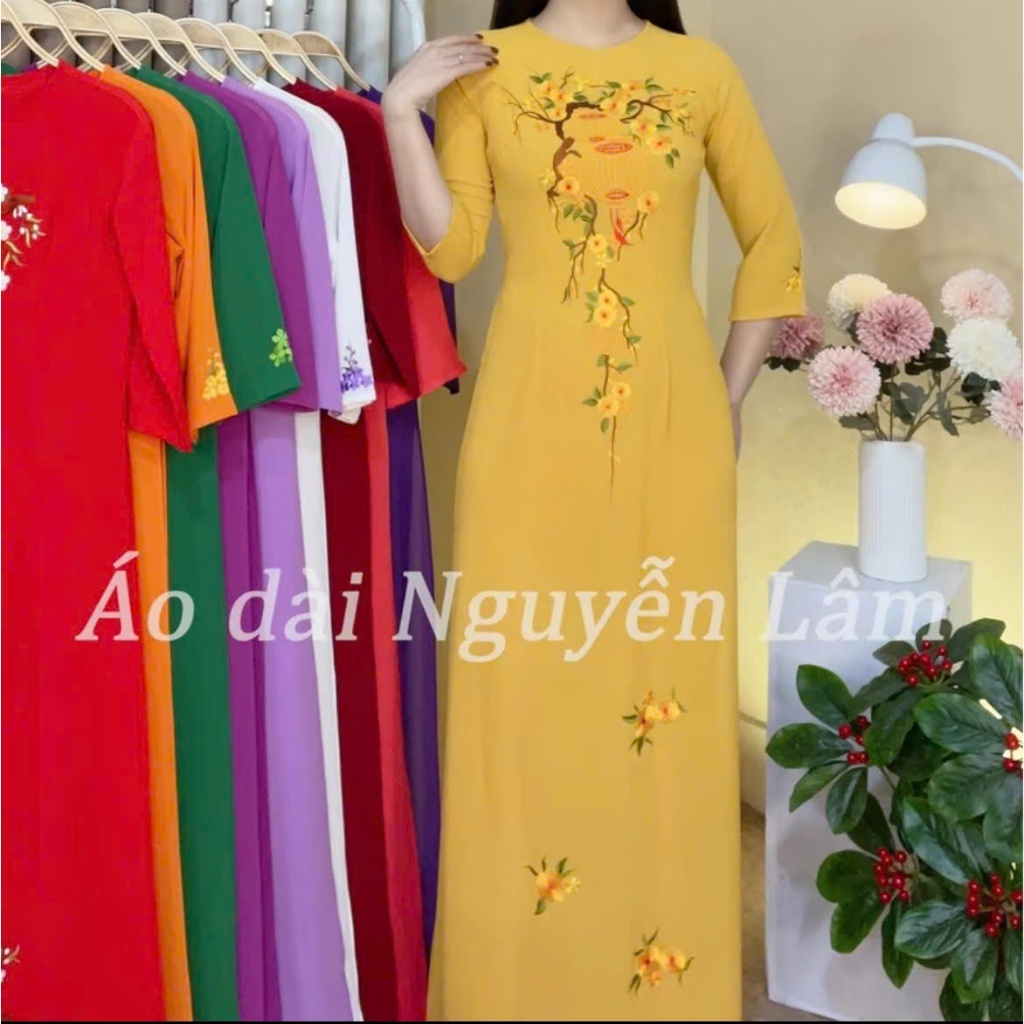 [GIẢM 40K] BST Áo Dài Vàng Lụa Thêu Cao Cấp [ Co Giãn Nhẹ, Thấm Hút] - Áo Dài Cho Mẹ Và Áo Dài Cho Mẹ Sui