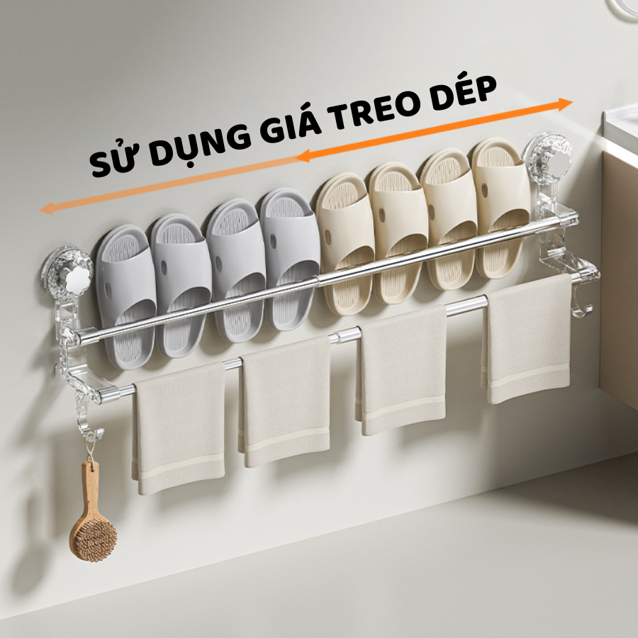 Giá Treo Khăn Nhà Tắm 2 Tầng Chỉnh Thu Gọn Ngắn Dài Cốc Hút, Kệ Treo Dép Thông Minh