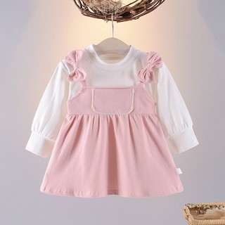 Váy bé gái giả yếm tay dài phối nơ vai vải thun cotton cao cấp phong cách Hàn 6th-2 tuổi D1049