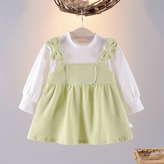 Váy bé gái giả yếm tay dài phối nơ vai vải thun cotton cao cấp phong cách Hàn 6th-2 tuổi D1049