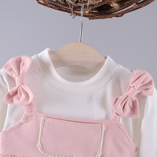 Váy bé gái giả yếm tay dài phối nơ vai vải thun cotton cao cấp phong cách Hàn 6th-2 tuổi D1049