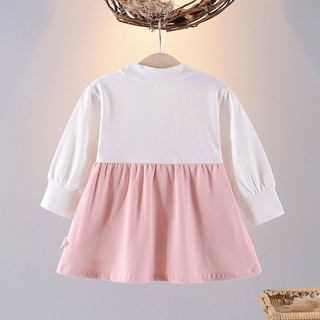 Váy bé gái giả yếm tay dài phối nơ vai vải thun cotton cao cấp phong cách Hàn 6th-2 tuổi D1049