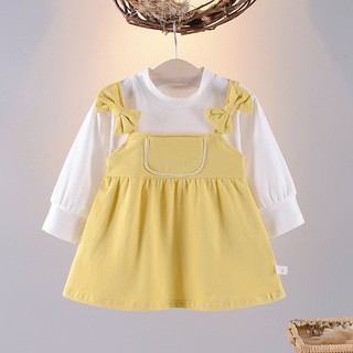 Váy bé gái giả yếm tay dài phối nơ vai vải thun cotton cao cấp phong cách Hàn 6th-2 tuổi D1049