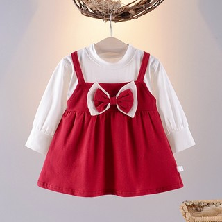 Váy bé gái dài tay màu đỏ phối nơ vải thun cotton phong cách Hàn D1050