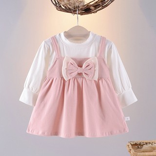 Váy bé gái dài tay màu đỏ phối nơ vải thun cotton phong cách Hàn D1050