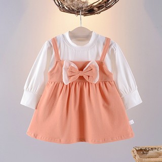 Váy bé gái dài tay màu đỏ phối nơ vải thun cotton phong cách Hàn D1050