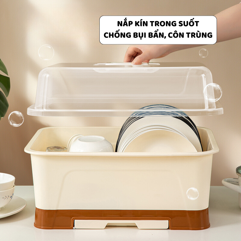 Giá Kệ Úp Bát Đĩa Để Bàn ENODA HOME, Hộp Đựng Chén Bát Có Nắp Đậy, Khay Thoát Nước Chống Ẩm Mốc GB030