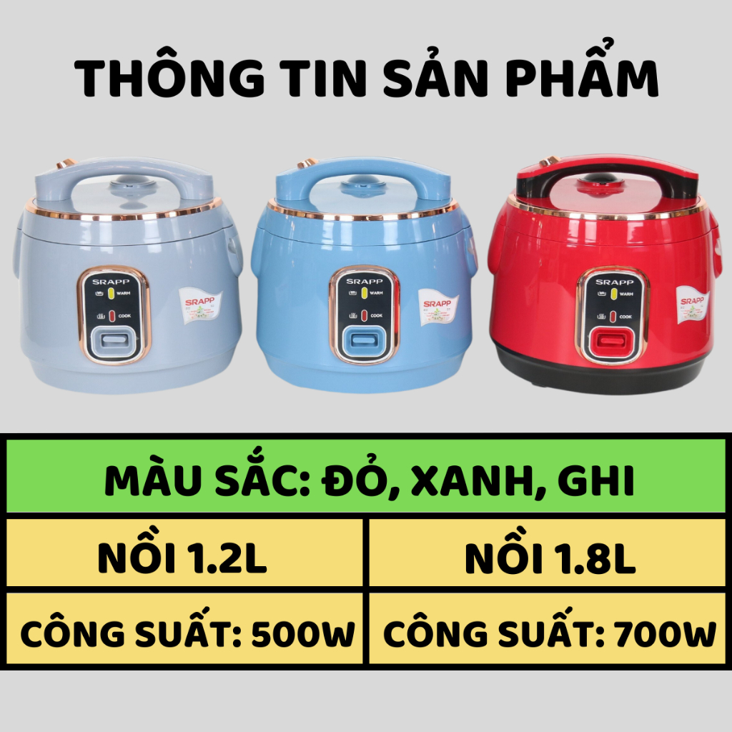 Nồi cơm điện SRAPP dung tích 1,8L công suất 700W nấu cơm cực nhanh, nồi chống dính 3 lớp cực dày dặn