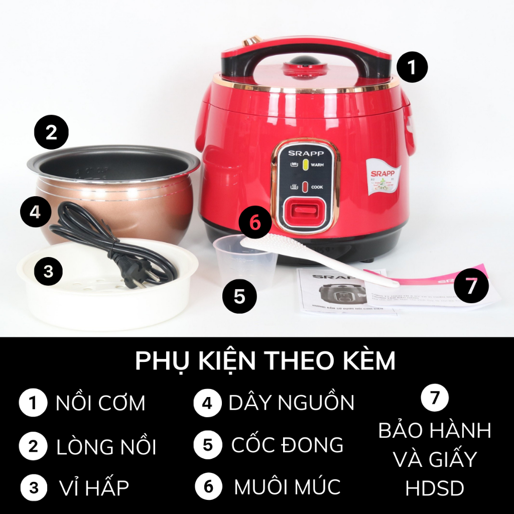 Nồi cơm điện SRAPP dung tích 1,8L công suất 700W nấu cơm cực nhanh, nồi chống dính 3 lớp cực dày dặn