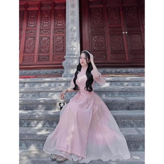 Set áo dài nữ mẫu mới chất tơ xịn hoa thêu tà 2 lớp cổ trụ tay loe chân váy voan tơ nến cao cấp cho nàng diện TẾT