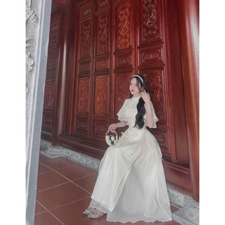 Set áo dài nữ mẫu mới chất tơ xịn hoa thêu tà 2 lớp cổ trụ tay loe chân váy voan tơ nến cao cấp cho nàng diện TẾT