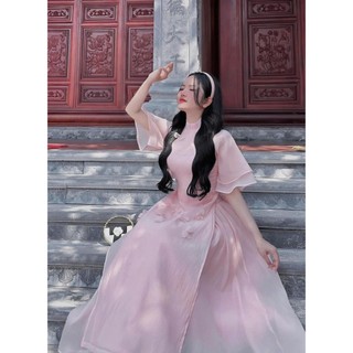 Set áo dài nữ mẫu mới chất tơ xịn hoa thêu tà 2 lớp cổ trụ tay loe chân váy voan tơ nến cao cấp cho nàng diện TẾT