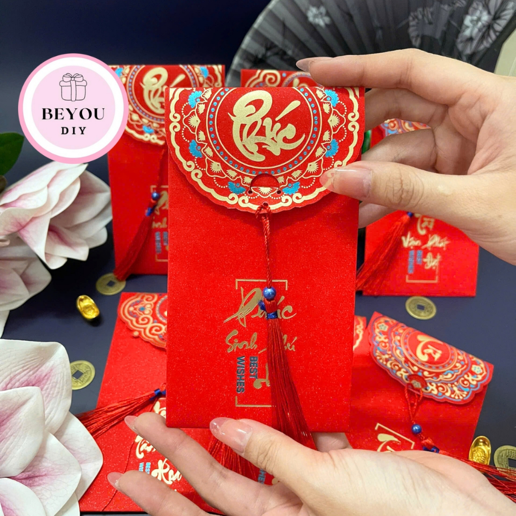 Bao Lì Xì Đỏ Kèm Tua Rua Có Kim Tuyến Lấp Lánh, Phù Hợp Cho Dịp Tết, Cưới Hỏi, Mừng Thọ