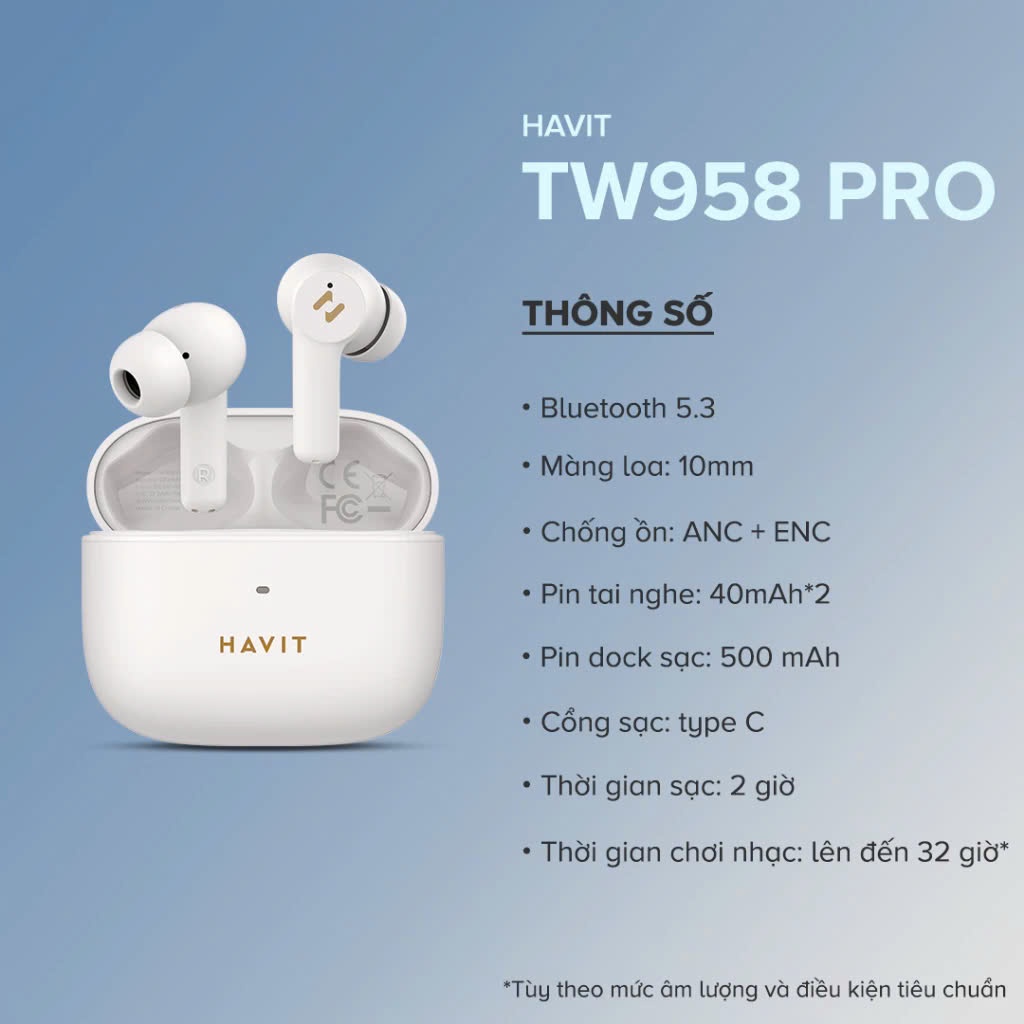Ảnh Tai nghe True Wireless HAVIT TW958 Pro | 2 Mic chống ồn ENC - Bluetooth 5.3 - Nghe nhạc lên đến 7h | Bảo hành 12 tháng 2