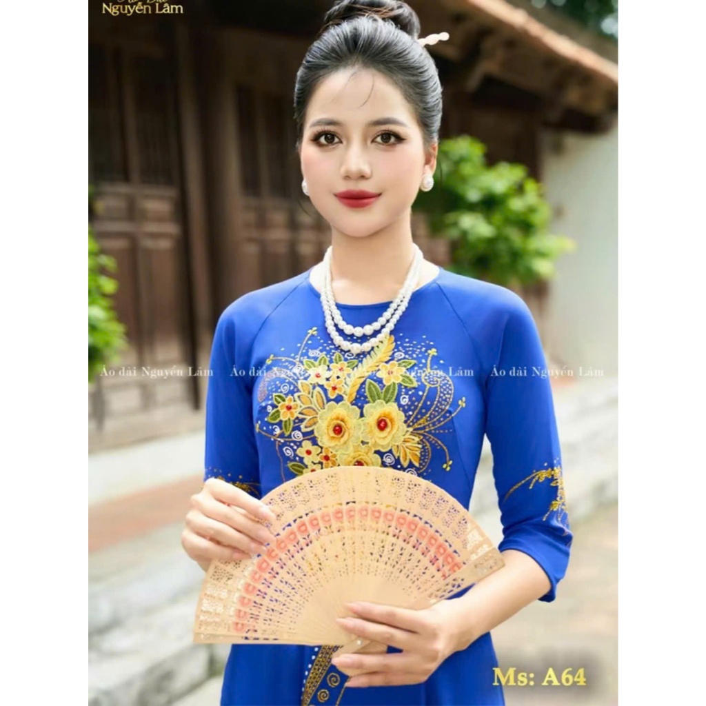 [GIẢM 40K] Áo Dài Lụa Đính Hoa A64 Xanh Coban  Vẽ Thủ Công Lấp Lánh [Co Giãn Nhẹ, Thấm Hút] Nữ Women Dress, Áo Dài ChoMẹ
