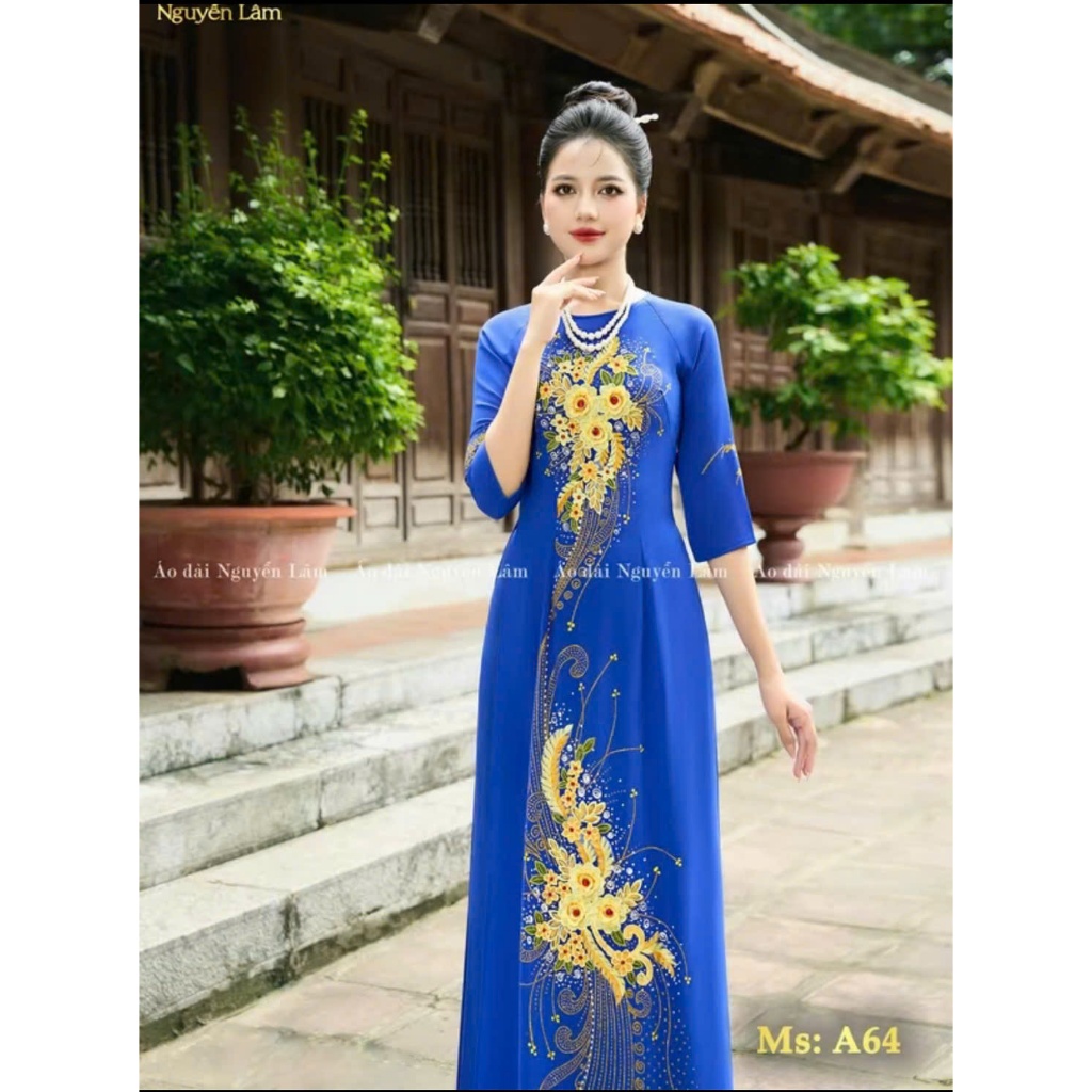 [GIẢM 40K] Áo Dài Lụa Đính Hoa A64 Xanh Coban  Vẽ Thủ Công Lấp Lánh [Co Giãn Nhẹ, Thấm Hút] Nữ Women Dress, Áo Dài ChoMẹ