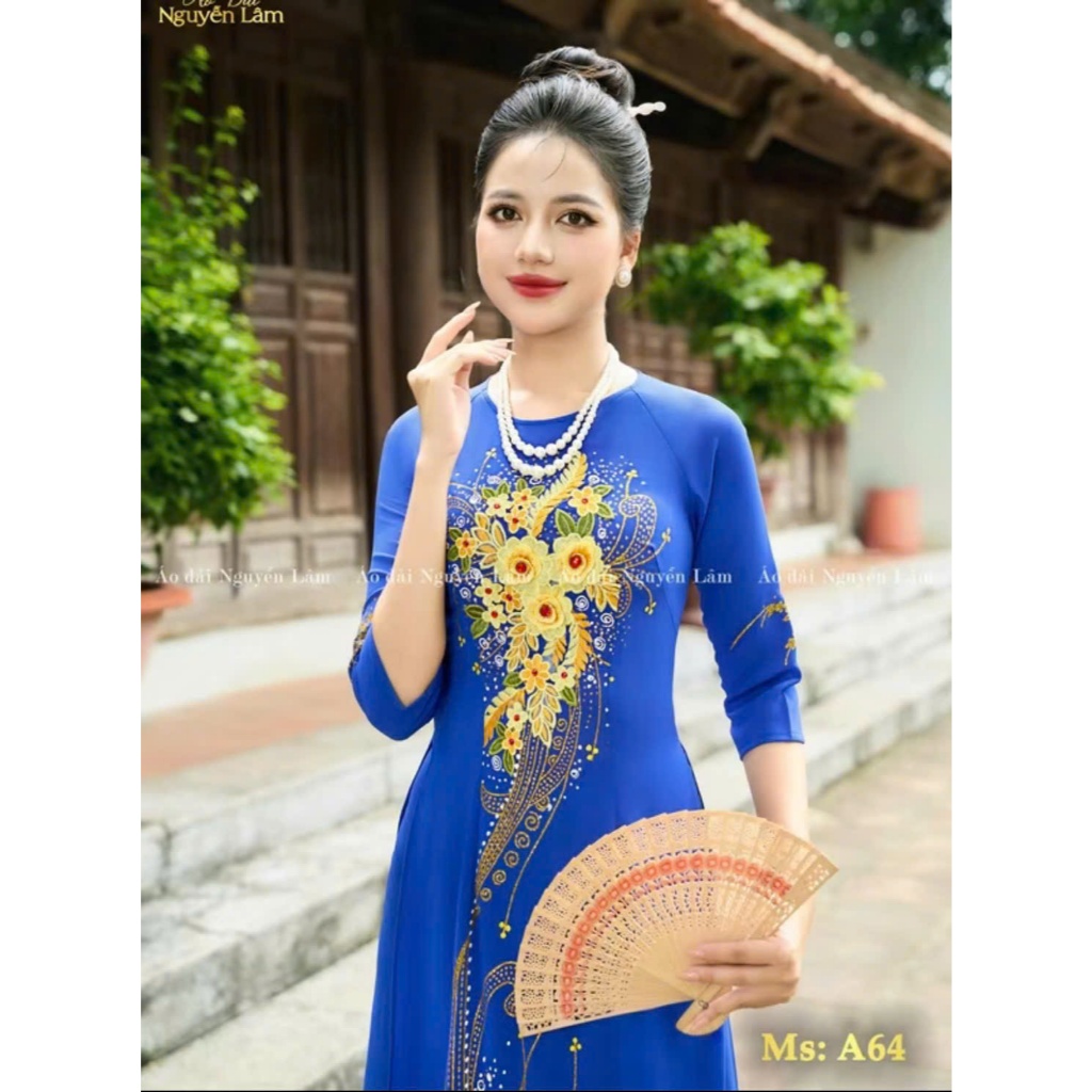 [GIẢM 40K] Áo Dài Lụa Đính Hoa A64 Xanh Coban  Vẽ Thủ Công Lấp Lánh [Co Giãn Nhẹ, Thấm Hút] Nữ Women Dress, Áo Dài ChoMẹ