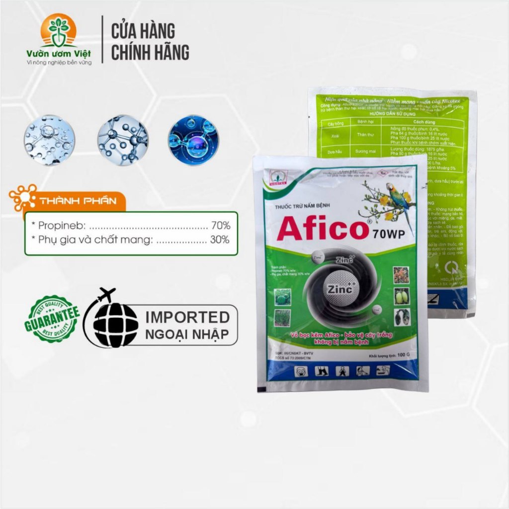 Thuốc trừ bệnh AFICO 70WP chuyên trị sương mai, phấn trắng, bổ sung Kẽm bảo vệ cây mạnh mẽ - 100gr
