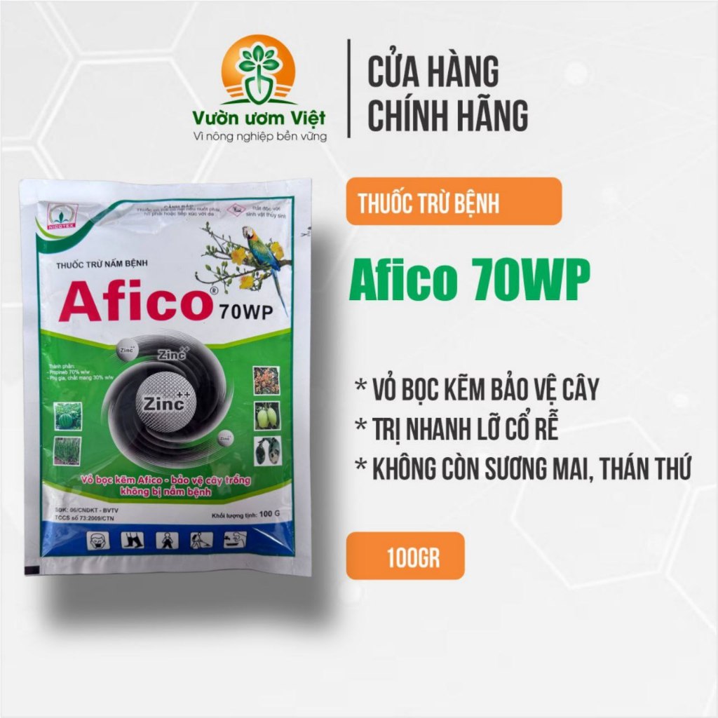 Thuốc trừ bệnh AFICO 70WP chuyên trị sương mai, phấn trắng, bổ sung Kẽm bảo vệ cây mạnh mẽ - 100gr