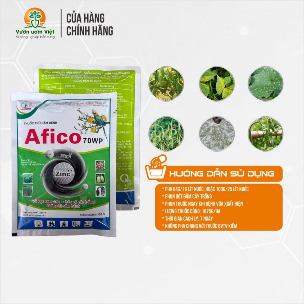 Thuốc trừ bệnh AFICO 70WP chuyên trị sương mai, phấn trắng, bổ sung Kẽm bảo vệ cây mạnh mẽ - 100gr