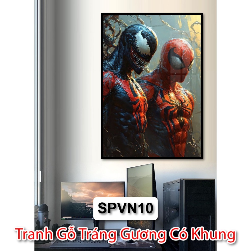 Tranh Spiderman Với Venom - Tranh Siêu Anh Hùng Tráng Gương Có Khung Trang Trí Góc Làm Việc, Decor Phòng