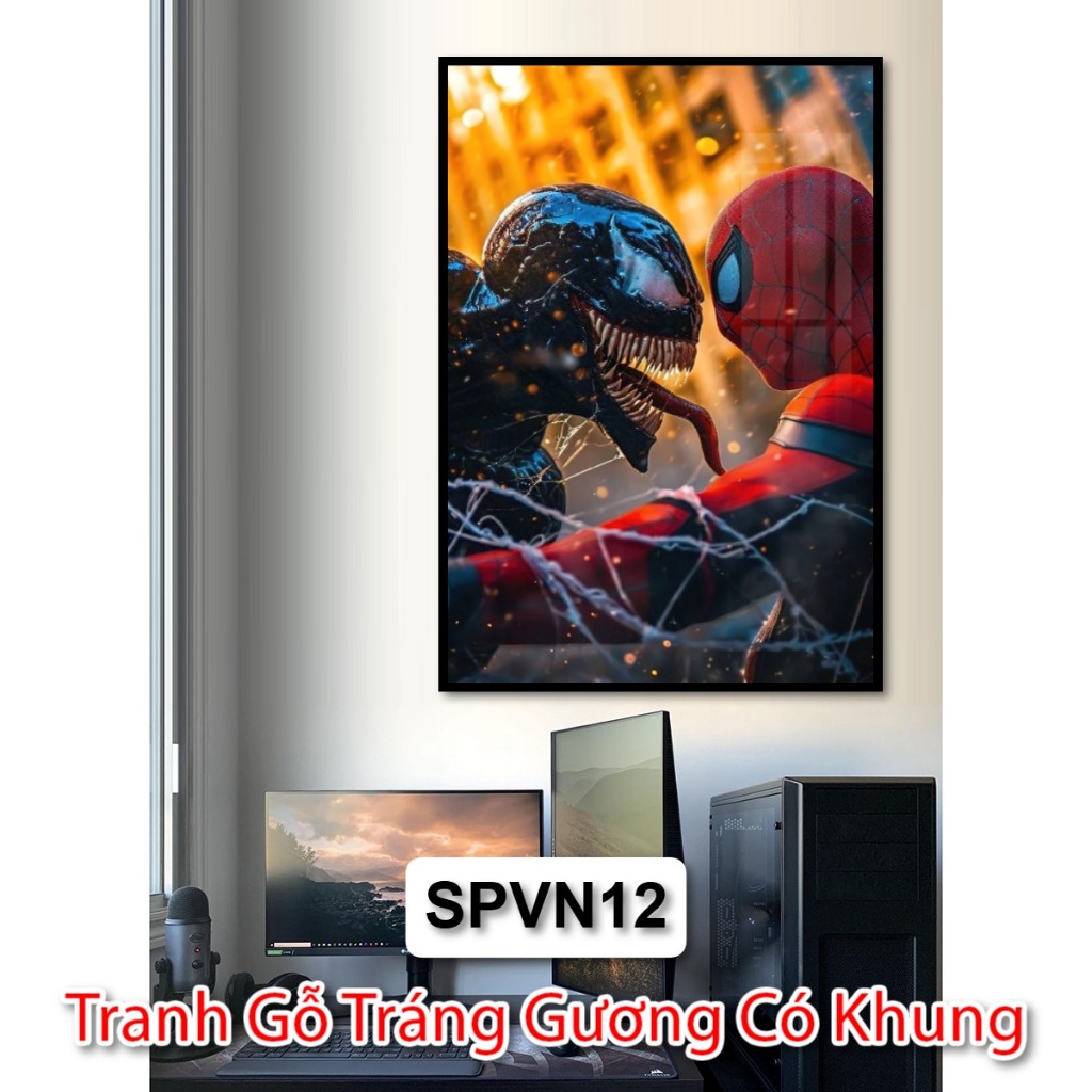 Tranh Spiderman Với Venom - Tranh Siêu Anh Hùng Tráng Gương Có Khung Trang Trí Góc Làm Việc, Decor Phòng