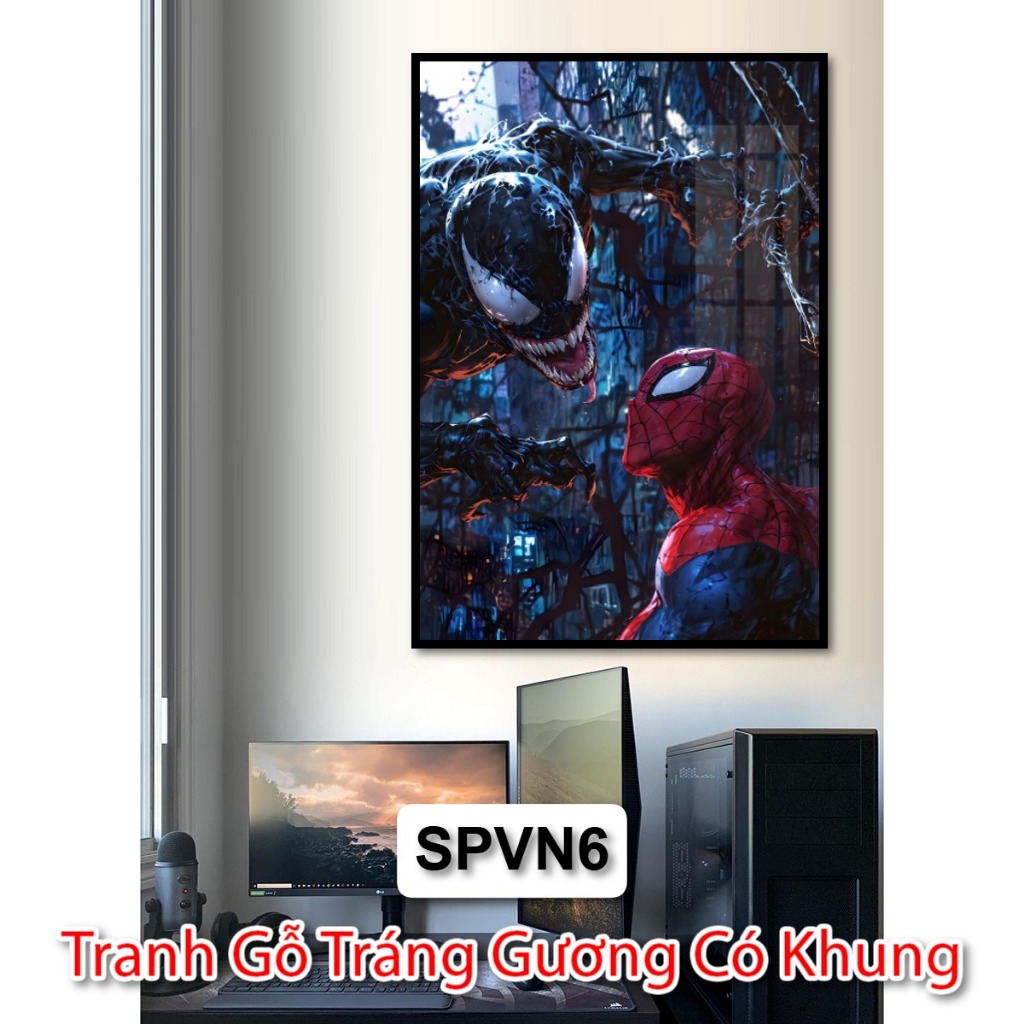 Tranh Spiderman Với Venom - Tranh Siêu Anh Hùng Tráng Gương Có Khung Trang Trí Góc Làm Việc, Decor Phòng