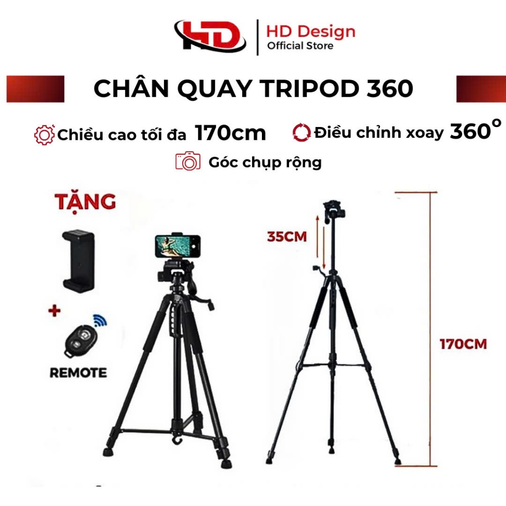 Chân Quay Máy Ảnh Điện Thoại Tripod kim loại 360° Tặng Kèm Remote, túi ...