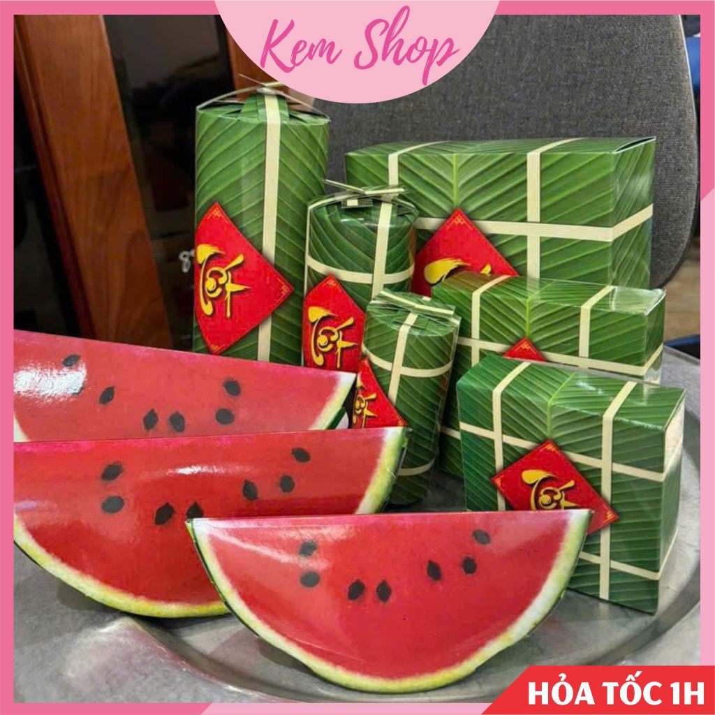 Mô hình bánh chưng, bánh tét, dưa hấu bằng hộp giấy trang trí Tết - Kem Shop K55
