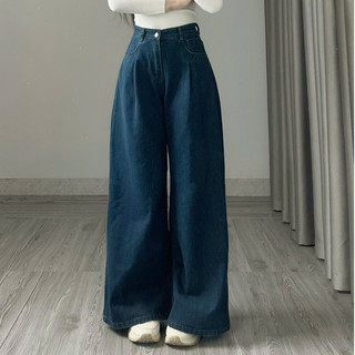 247Store - Quần Jean ly gấu mác da ống rộng dáng suông dài chất mềm mịn