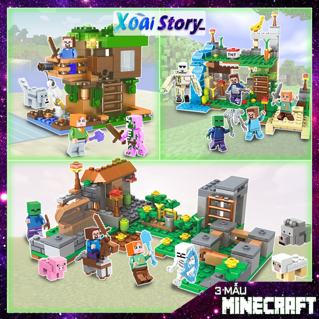Đồ chơi lắp ráp, mô hình minecraft ngôi làng, nhà trên cây, thác nước ...