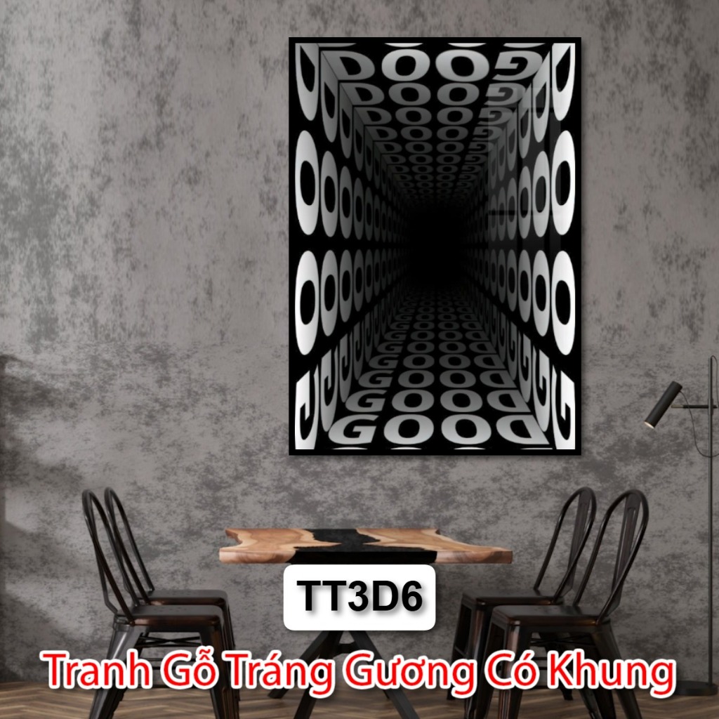 Tranh Nghệ Thuật Trắng Đen 3D Chiều Sâu Không Gian - Tranh Gỗ Trừu Tượng Treo Tường Tráng Gương Có Khung Deco Phòng