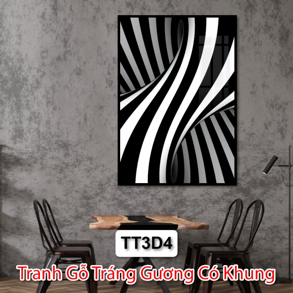 Tranh Nghệ Thuật Trắng Đen 3D Chiều Sâu Không Gian - Tranh Gỗ Trừu Tượng Treo Tường Tráng Gương Có Khung Deco Phòng