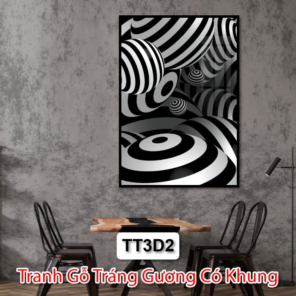 Tranh Nghệ Thuật Trắng Đen 3D Chiều Sâu Không Gian - Tranh Gỗ Trừu Tượng Treo Tường Tráng Gương Có Khung Deco Phòng