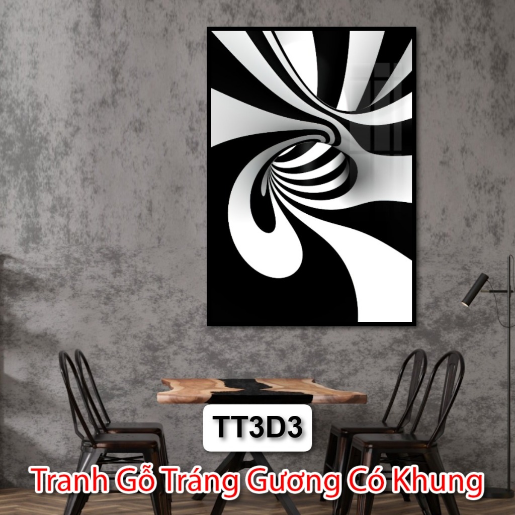 Tranh Nghệ Thuật Trắng Đen 3D Chiều Sâu Không Gian - Tranh Gỗ Trừu Tượng Treo Tường Tráng Gương Có Khung Deco Phòng
