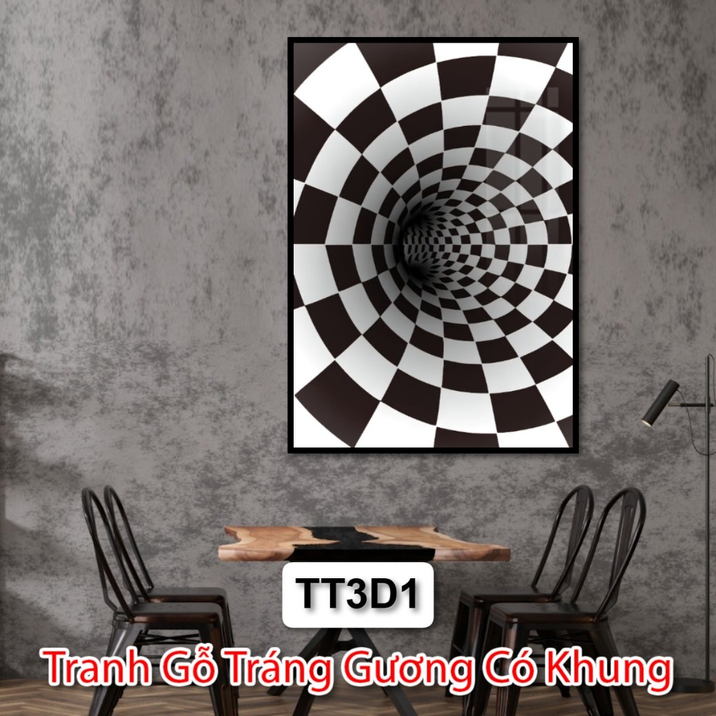 Tranh Nghệ Thuật Trắng Đen 3D Chiều Sâu Không Gian - Tranh Gỗ Trừu Tượng Treo Tường Tráng Gương Có Khung Deco Phòng