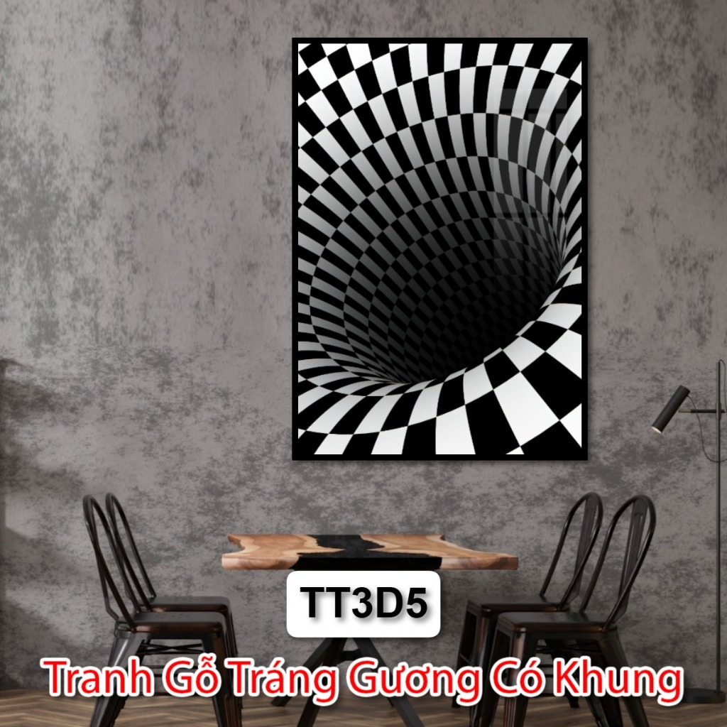 Tranh Nghệ Thuật Trắng Đen 3D Chiều Sâu Không Gian - Tranh Gỗ Trừu Tượng Treo Tường Tráng Gương Có Khung Deco Phòng