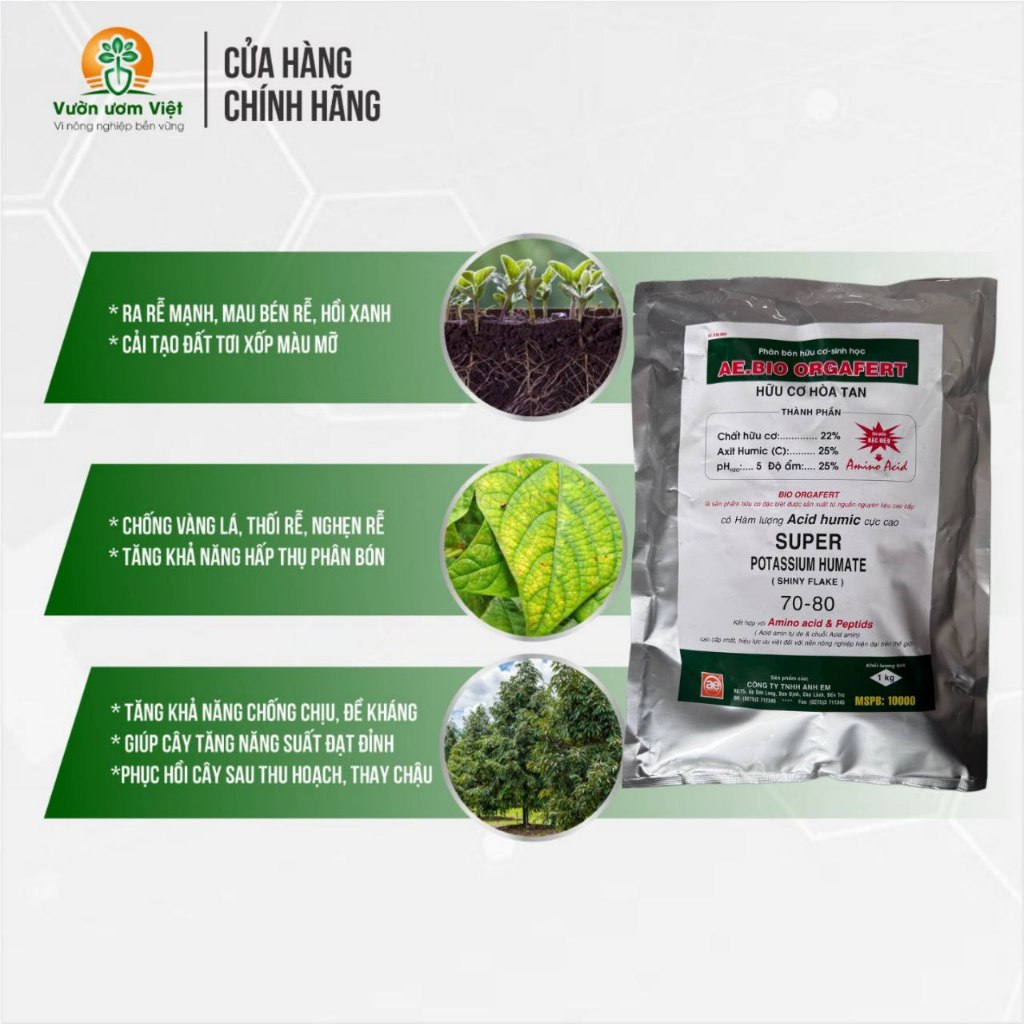 Phân bón Hữu cơ sinh học BIO ORGAFERT chứa Axit Humic đậm đặc, cây phát triển nhanh và cân đối - 1Kg