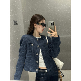 Áo khoác dạ tweed xanh than dáng ngắn