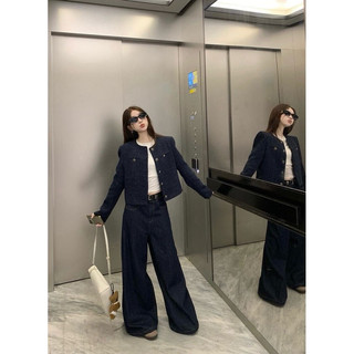 Áo khoác dạ tweed xanh than dáng ngắn