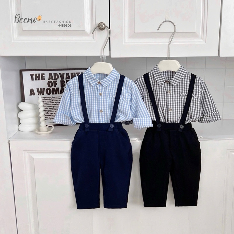 Set sơ mi công tử dài tay Beemo phối đai họa tiết kẻ sọc phong cách Hàn quốc, Set công tử dài tay bé trai 9-24kg