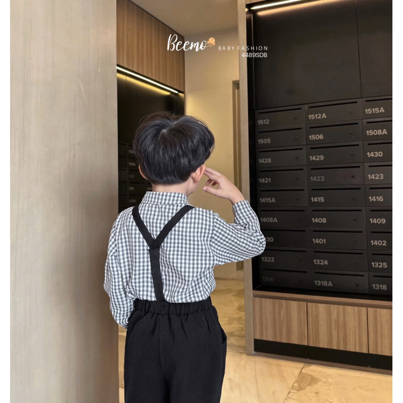 Set sơ mi công tử dài tay Beemo phối đai họa tiết kẻ sọc phong cách Hàn quốc, Set công tử dài tay bé trai 9-24kg