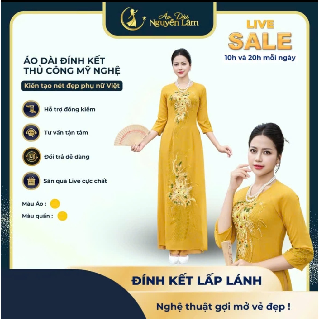 A69 Vàng Đồng - Áo Dài Lụa Đính Hoa Vẽ Thủ Công Lấp Lánh [Co Giãn Nhẹ, Thấm Hút] Nữ Women Dress