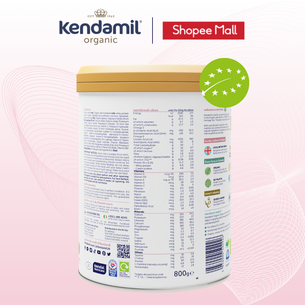 Ảnh Sữa Công Thức Hữu Cơ Kendamil Organic Chứa HMOs Số 1 (800g) - Sữa Bột Nguyên Kem dinh dưỡng tối ưu 2