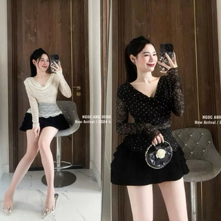 Set áo lưới đính đá tay dài mặc nhiều kiểu