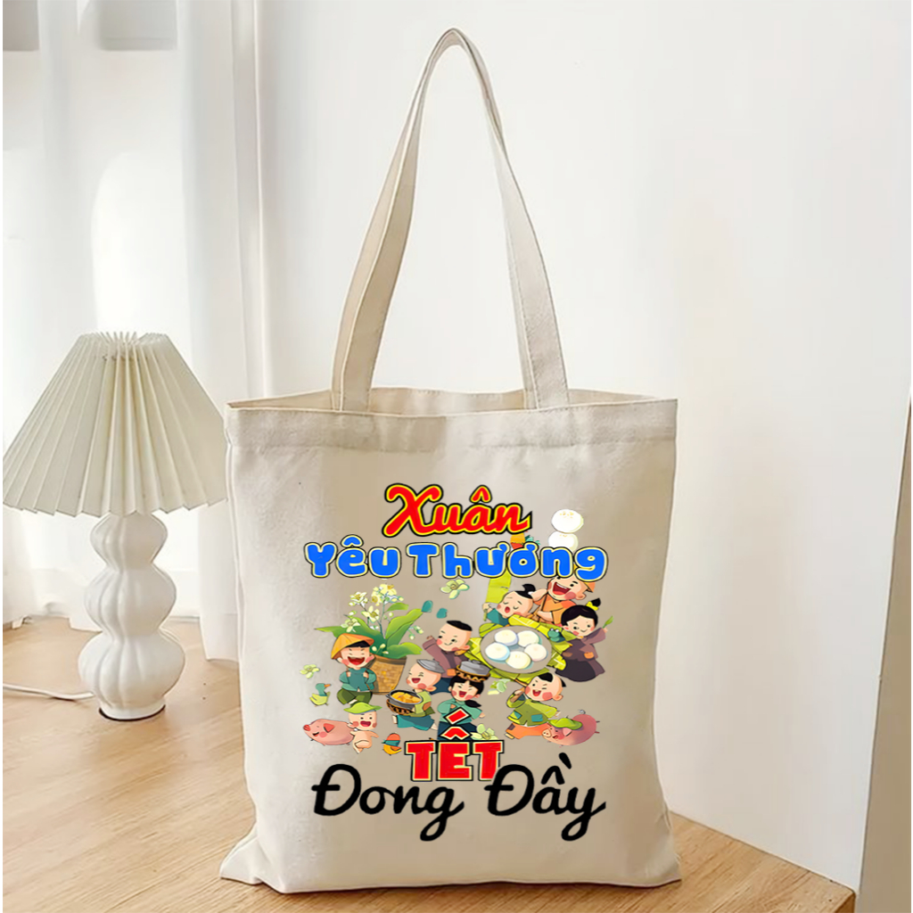 Túi tote Tết Việt Nam vui nhộn - Túi vải canvas đi chơi đi học thời trang, làm quà tặng kích thước 35x40