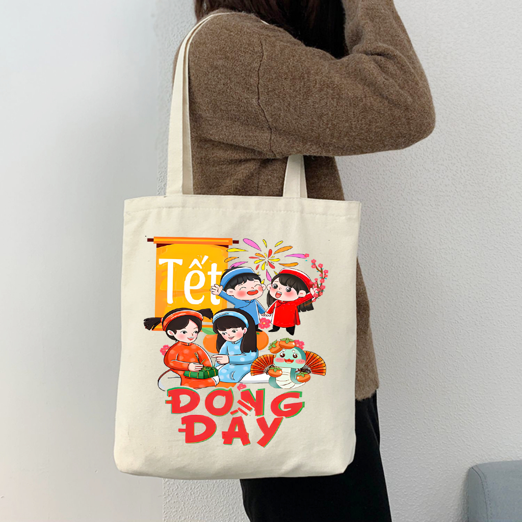 Túi tote Tết Việt Nam vui nhộn - Túi vải canvas đi chơi đi học thời trang, làm quà tặng kích thước 35x40