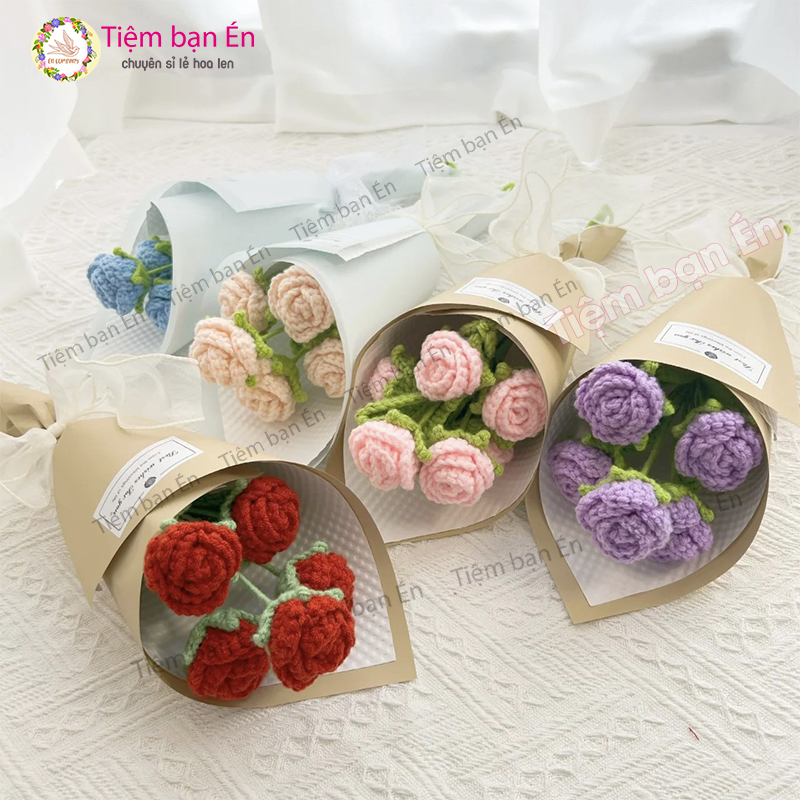 Cành hoa hồng len mini dễ thương decor,làm quà tặng lưu niệm, hoa len ...