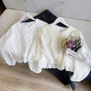 Áo babydoll kiểu ren hoa cài cúc dài tay dáng ngắn tay phồng Ulzzang